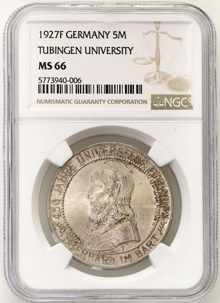 Niemcy. Weimar. 5 marek 1927 F, Stuttgart - Uni. Tubingen NGC MS66 (MAX) - PIĘKNE i RZADKIE